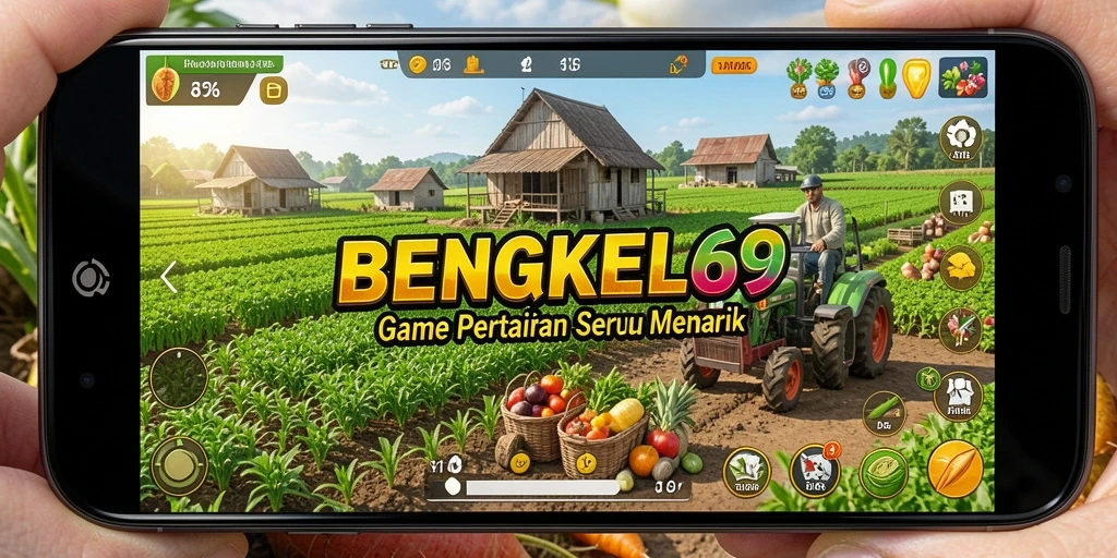 Tampilan gameplay BENGKEL69 dengan ladang dan tanaman yang indah.