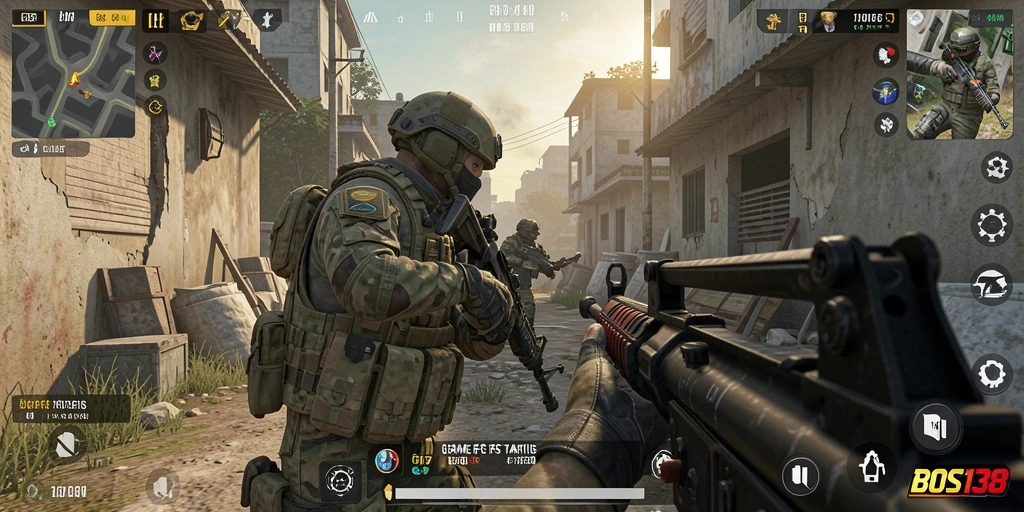 Screenshot gameplay BOS138 menunjukkan aksi menegangkan FPS.