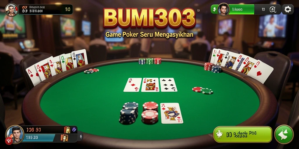 Tampilan gameplay poker di aplikasi BUMI303 yang seru dan menantang.