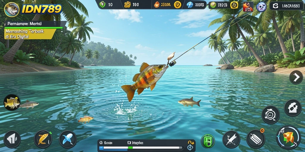 Screenshot menunjukkan momen menangkap ikan di laut yang indah.
