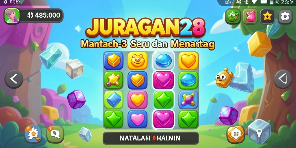Tampilan gameplay JURAGAN28 dengan kombinasi warna-warni dalam permainan Match-3.
