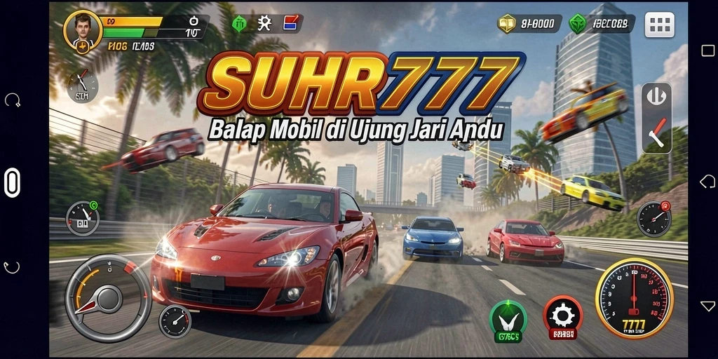 Tampilan gameplay menegangkan dan seru di SUHU777 saat balapan.